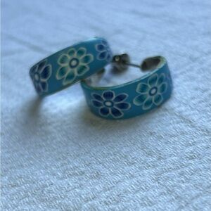 Cutesy Girly Floral Blue Lightweight Flower Hoop Earrings